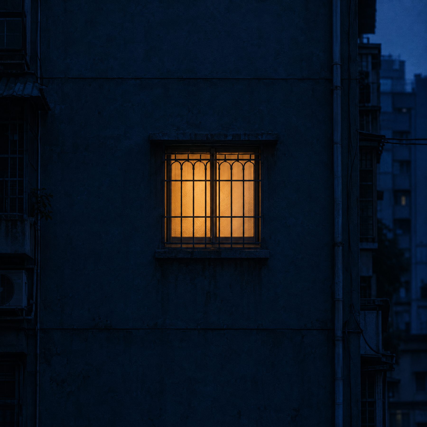 夜裡一棟老公寓，整面牆只有一扇窗亮著燈